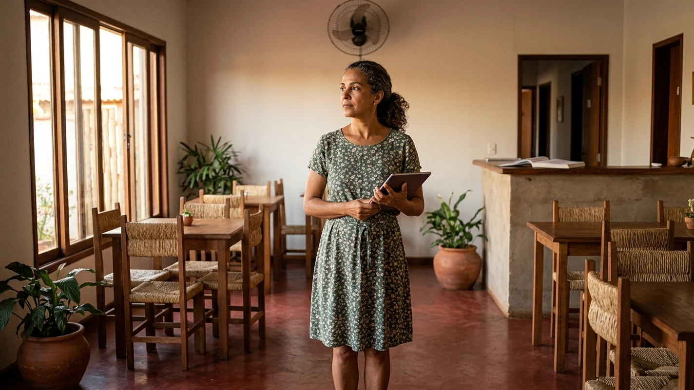 Mulher de meia-idade, de vestido florido, em pé sozinha no meio do salão de café da manhã de uma pousada pequena, com um tablet nas mãos, olhando para o lado em direção às mesas de madeira e cadeiras de palha, com o balcão da recepção ao fundo.