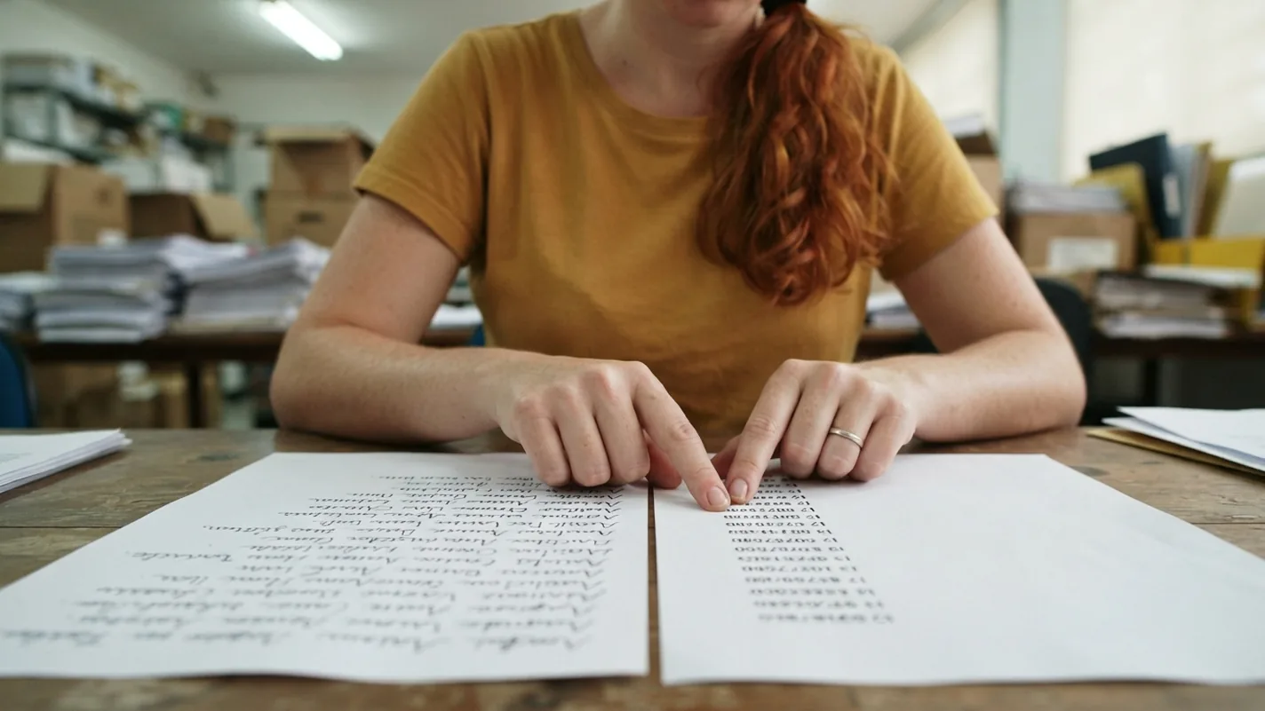 Duas folhas impressas lado a lado sobre uma mesa: a da esquerda com uma coluna de nomes manuscritos, a da direita com uma coluna de códigos, e os dois indicadores de uma pessoa apontando a mesma linha em cada uma delas.