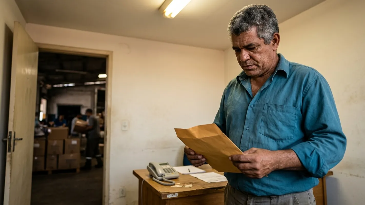 Homem de camisa azul em pé no escritório dos fundos de uma transportadora, segurando um envelope pardo aberto e olhando o conteúdo, com o galpão ao fundo.