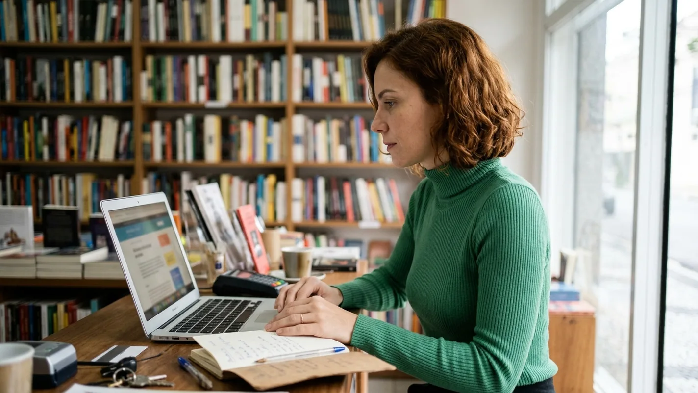 Livreira de blusa de tricô verde sentada ao balcão da própria livraria, olhando a tela de um notebook com o site da loja aberto, com um caderno de anotações à mão ao lado e estantes de livros ao fundo.