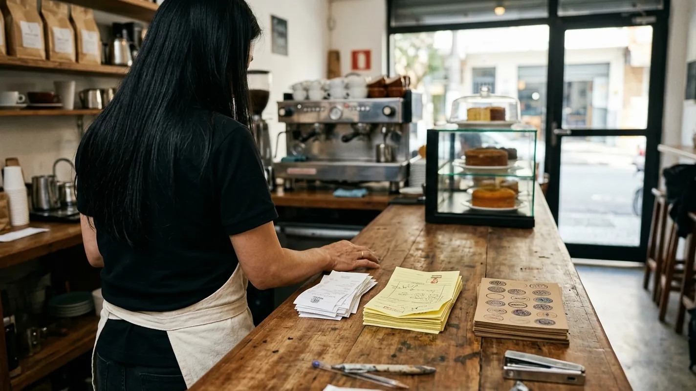 Vista por trás do ombro da dona de uma cafeteria, de camisa preta e avental cru, com três pilhas de papel separadas sobre o balcão de madeira: notas fiscais brancas, comandas amarelas e cartões de fidelidade kraft com carimbos, e a vitrine de bolos e a porta da rua ao fundo.