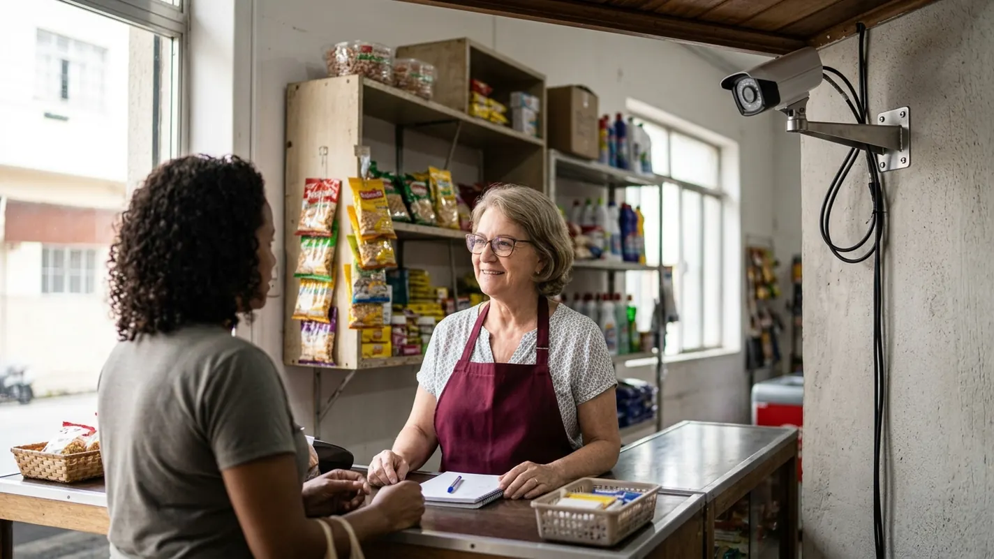 Comerciante de avental atendendo uma cliente atrás do balcão de uma loja de bairro, com uma câmera de segurança presa por suporte no alto da parede, apontada para o balcão.