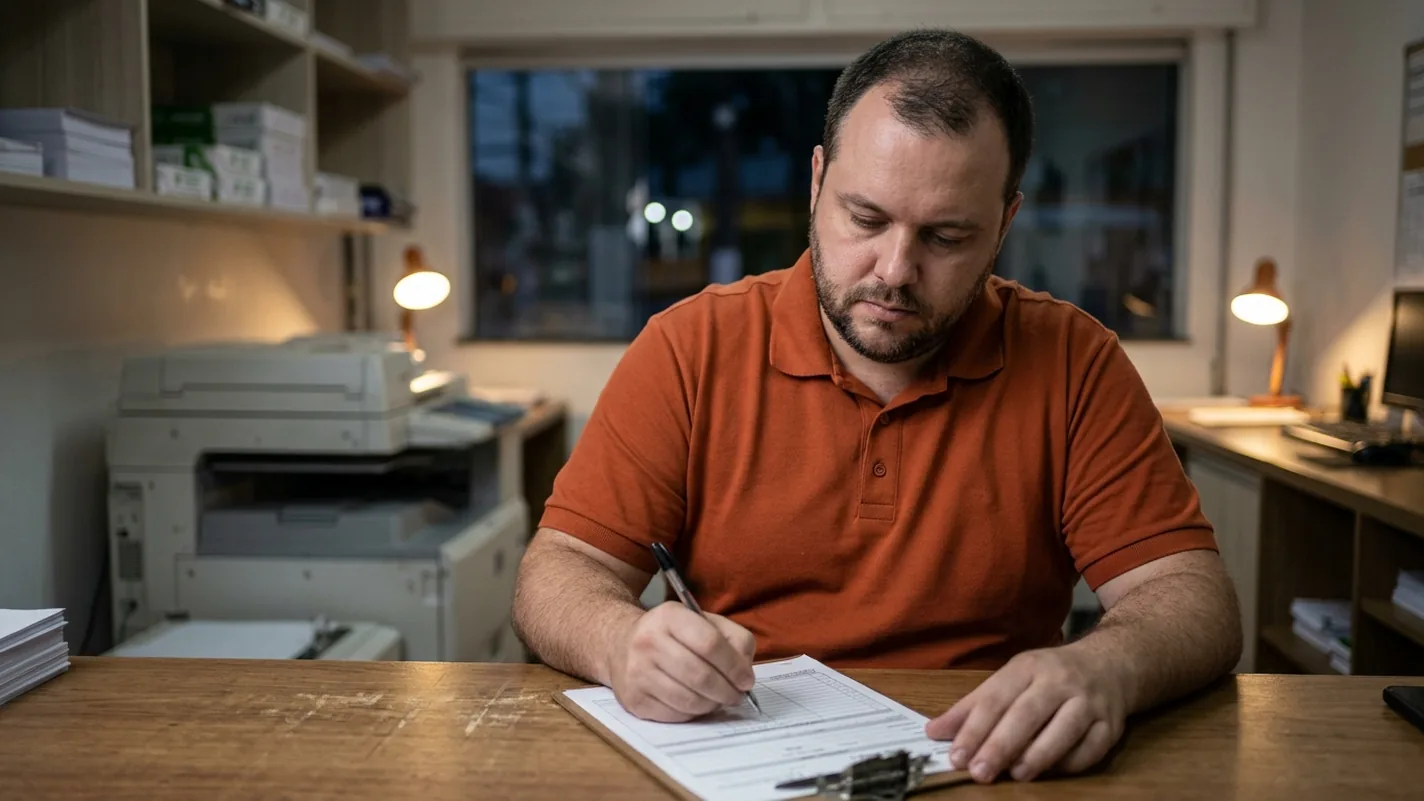 Homem de camisa polo laranja atrás do balcão da própria gráfica, no fim do expediente, preenchendo à mão um formulário impresso preso a uma prancheta, com a impressora e as prateleiras ao fundo.
