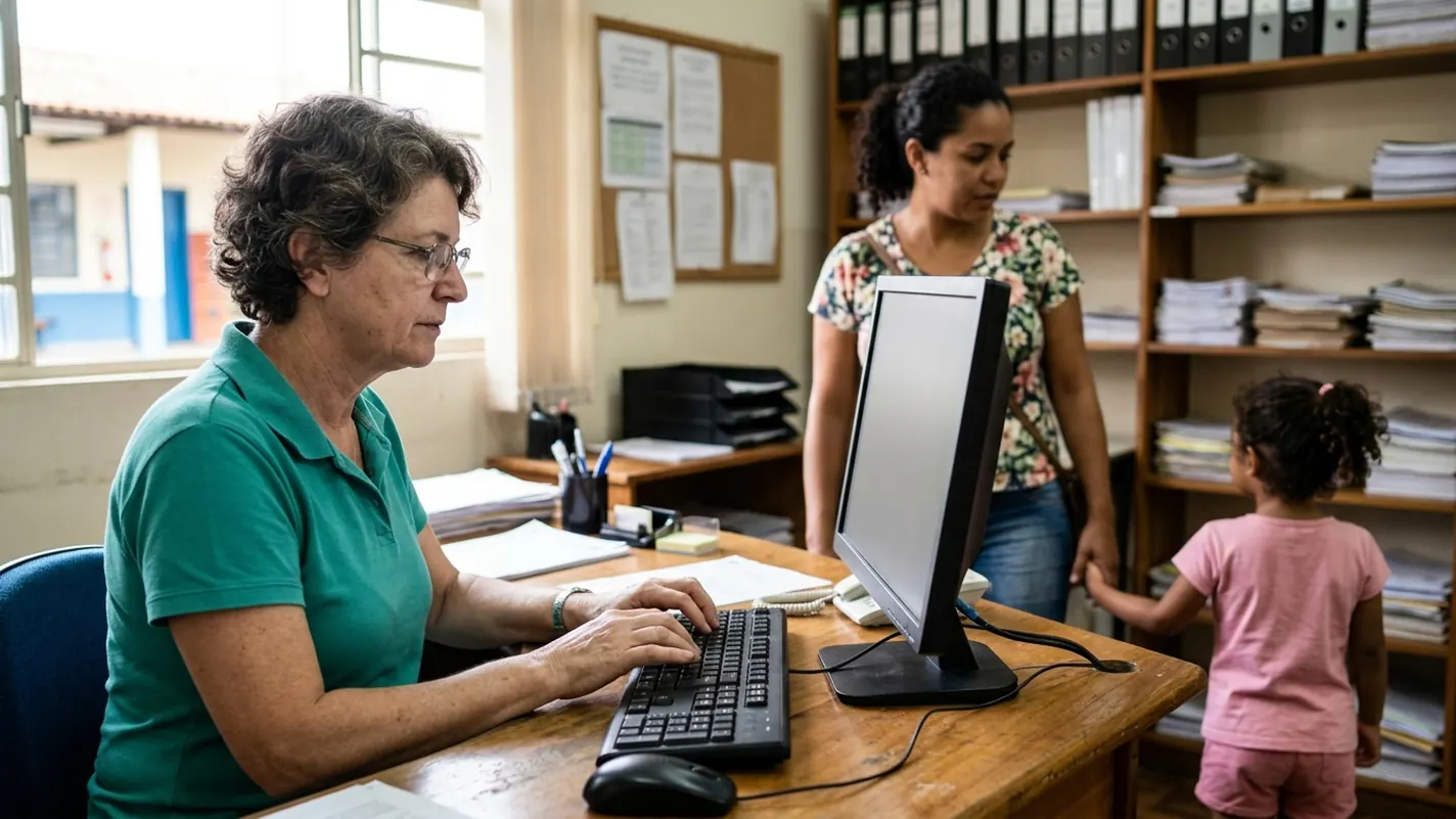 Secretária de escola digitando no computador atrás do balcão enquanto atende uma mãe, com uma criança pequena de costas ao lado dela.