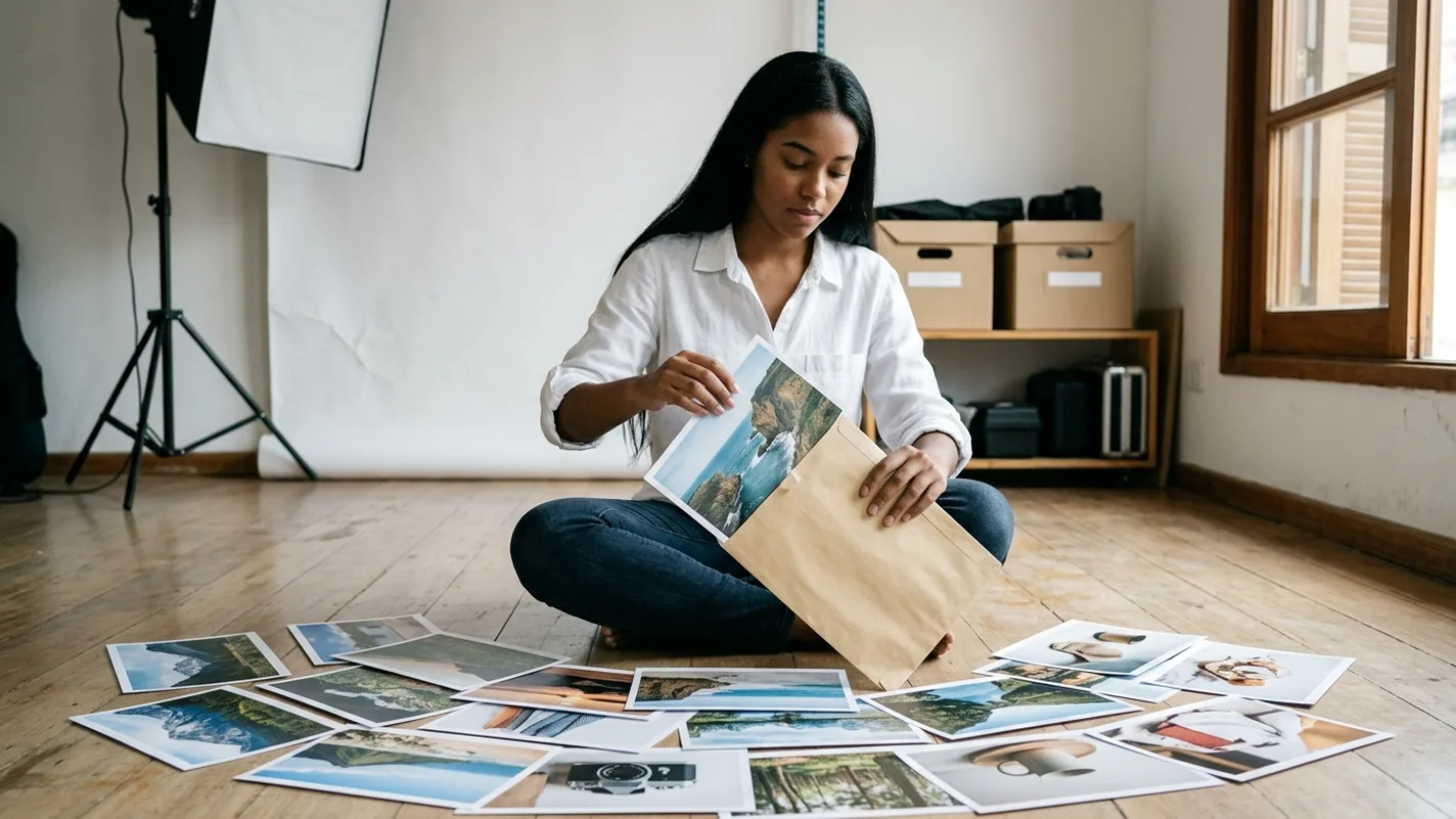 Fotógrafa jovem de camisa branca sentada no chão de madeira de um estúdio pequeno, com fotos impressas de paisagens e objetos espalhadas em leque à frente, colocando duas delas em um envelope kraft, com o fundo infinito, um softbox e caixas de arquivo ao fundo.