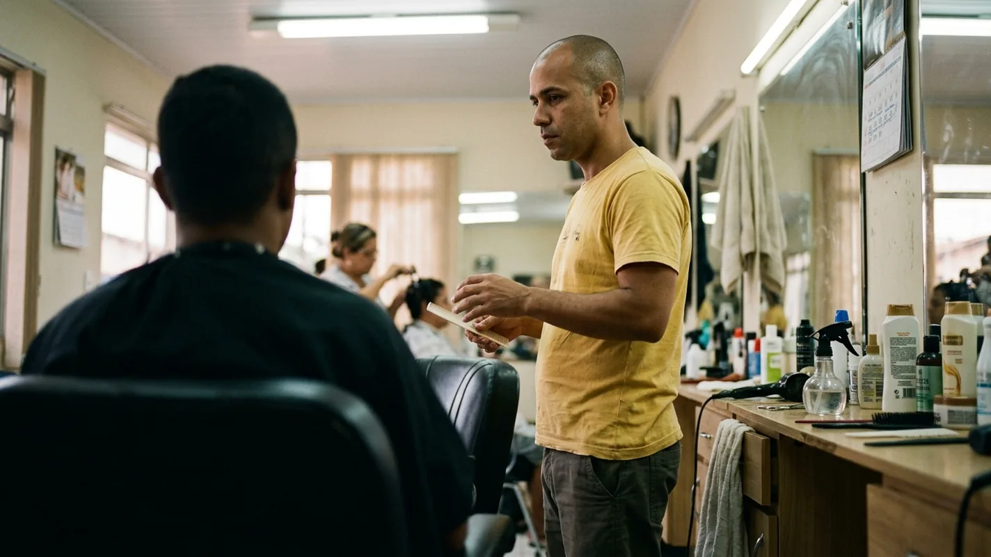 Barbeiro de camiseta amarela em pé ao lado da cadeira, pente na mão, atendendo um cliente de costas em um salão de bairro cheio.