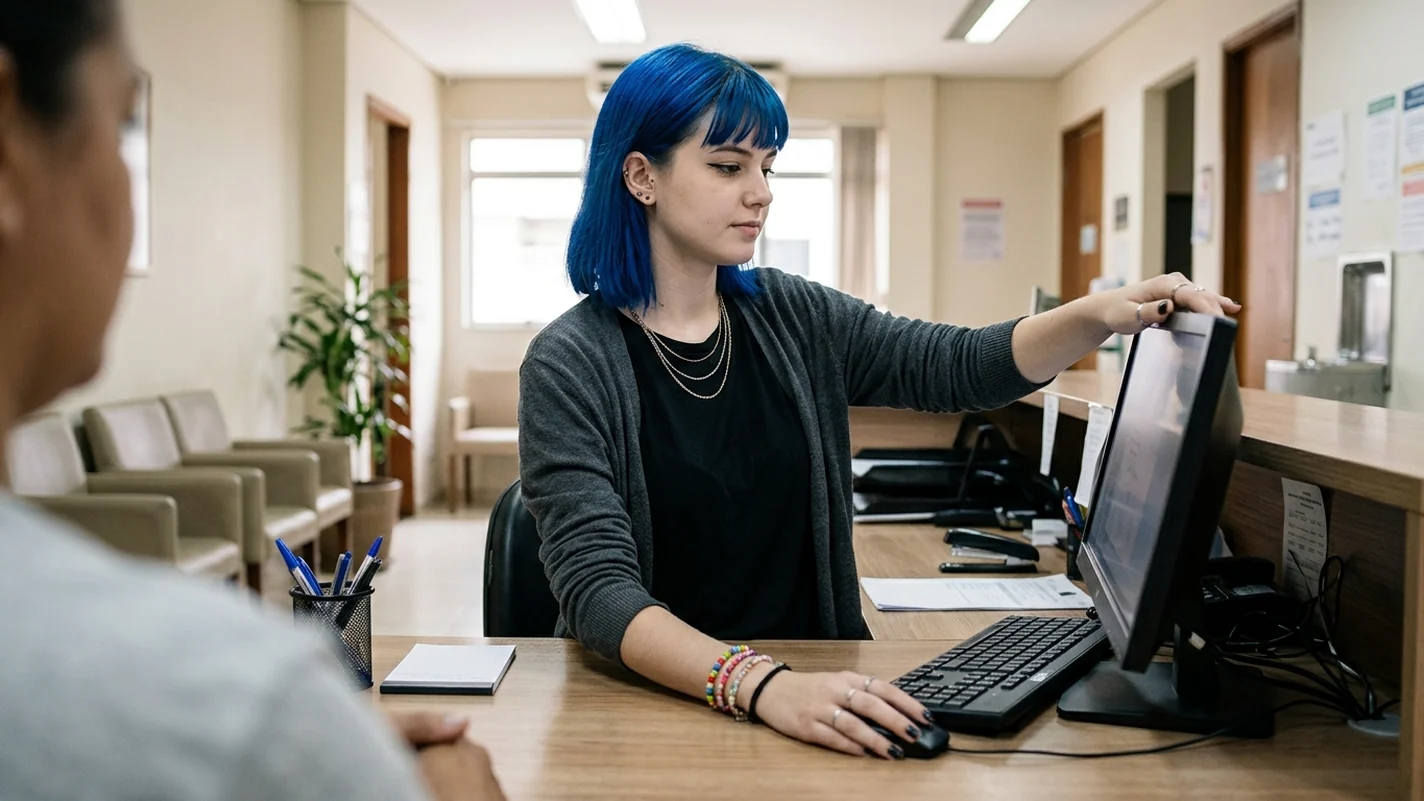 Vista por cima do ombro de quem está sendo atendido no balcão de uma clínica: a recepcionista, jovem e de cabelo azul, gira o monitor para dentro com uma das mãos enquanto a outra fica no mouse.