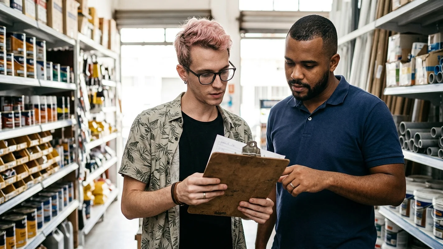 Dois homens jovens, de aliança, em pé lado a lado no corredor entre as prateleiras de uma loja de material de construção, conferindo juntos uma ficha de pedido preenchida à mão.
