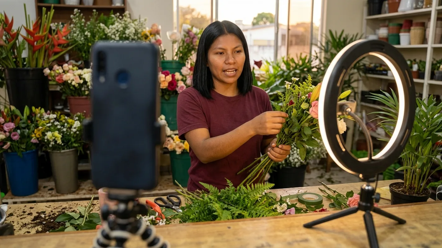 Jovem florista gravando um vídeo curto no meio da própria loja, com o celular preso em um tripé pequeno e um ring light aceso ao lado, enquanto monta um buquê.