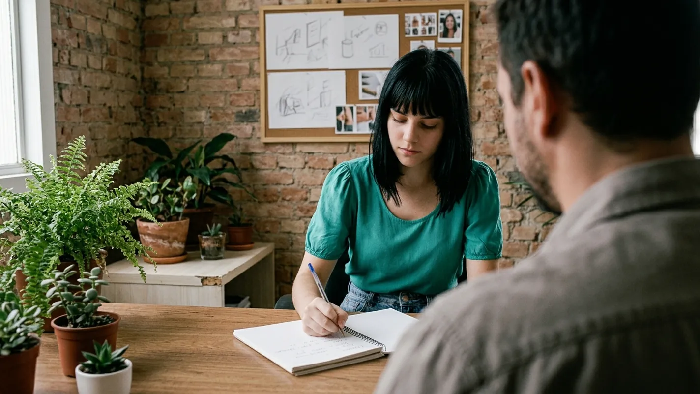 Jovem de blusa verde-água sentada à mesa de uma pequena agência de publicidade, anotando em um caderno durante uma conversa com um cliente que aparece de costas em primeiro plano, com parede de tijolo aparente e um quadro de cortiça ao fundo.