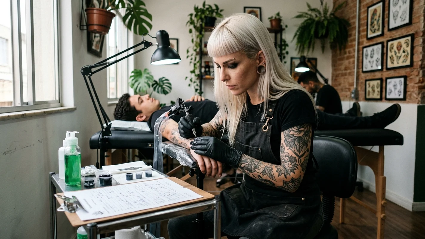 Tatuadora loira de franja, com piercings e os braços fechados de tatuagem, sentada no banquinho da própria estação tatuando o antebraço de um cliente deitado na maca, com a prancheta da ficha preenchida e os potinhos de tinta na mesinha ao lado.
