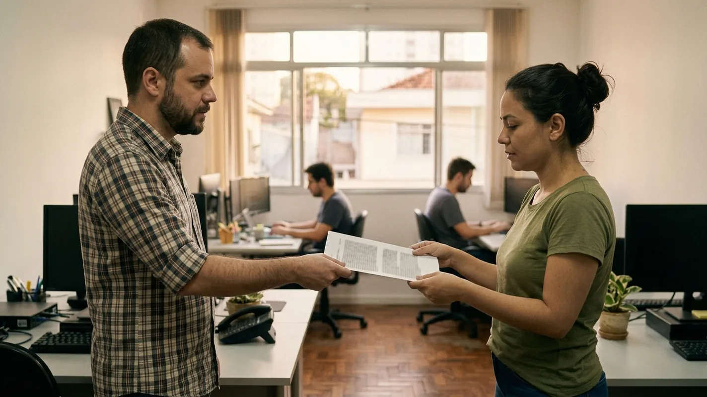 Dono de uma empresa de software entregando uma folha impressa, de pé, a uma colega de equipe que a recebe com as duas mãos, os dois de perfil, com outros dois desenvolvedores trabalhando na mesma sala ao fundo.