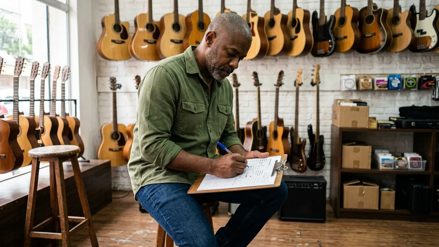 Dono de loja de instrumentos musicais, de camisa verde-musgo, sentado em um banco alto no meio da loja, riscando com caneta linhas de uma ficha de cadastro presa a uma prancheta no joelho, com violões e guitarras pendurados na parede de tijolo branco ao fundo.