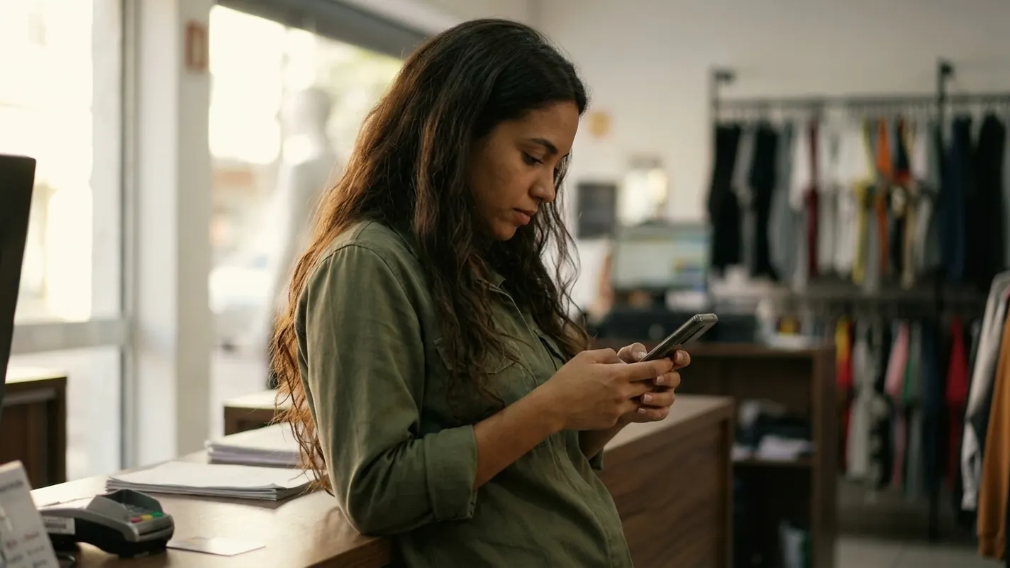 Vendedora encostada no balcão de uma loja de roupas digitando no celular no fim do expediente, com araras e o caixa ao fundo.