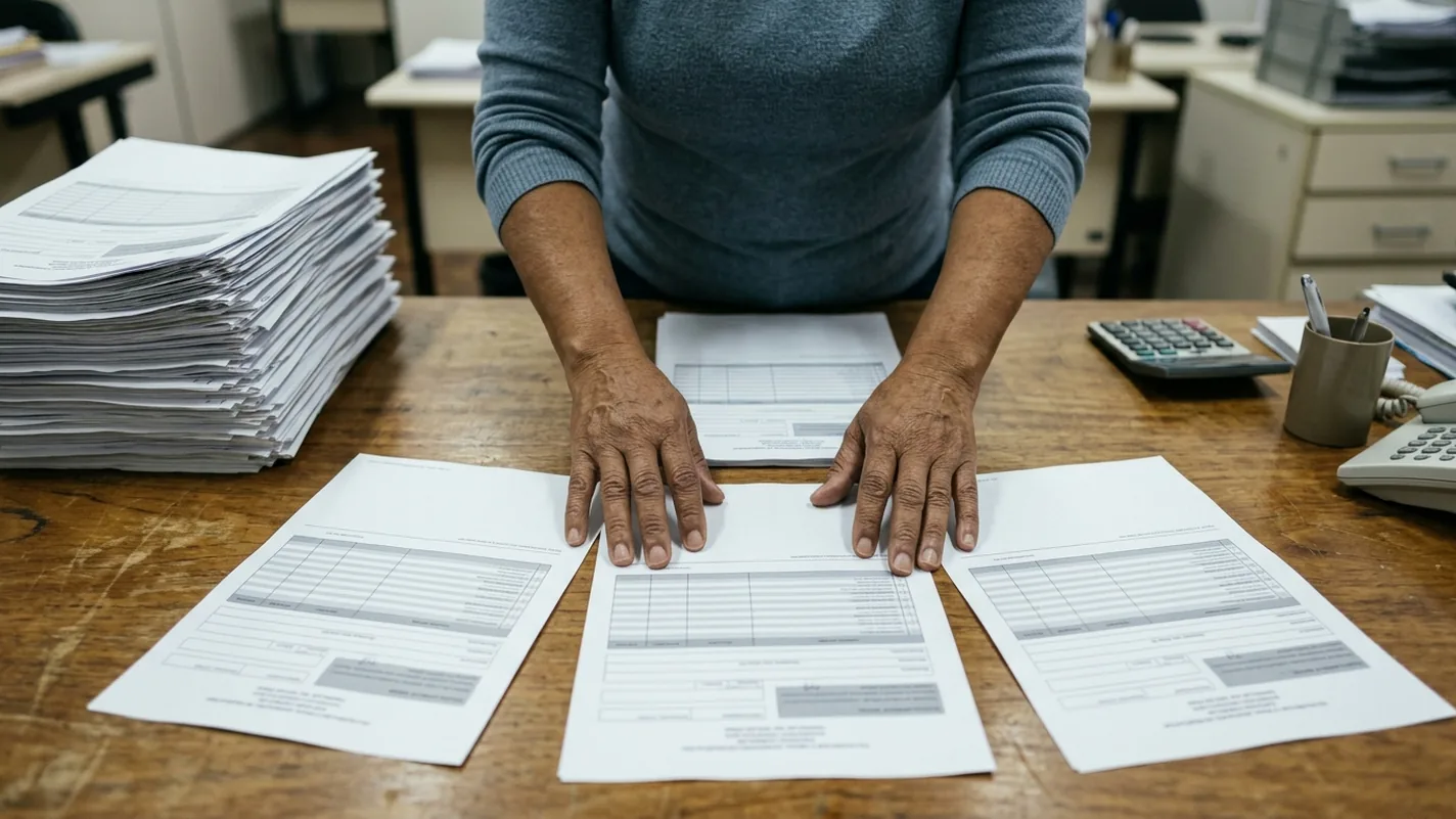 Vista de cima de uma mesa de escritório de contabilidade: uma pilha alta de documentos empurrada para o canto e, à frente, apenas três folhas separadas lado a lado, sob as mãos de uma mulher.