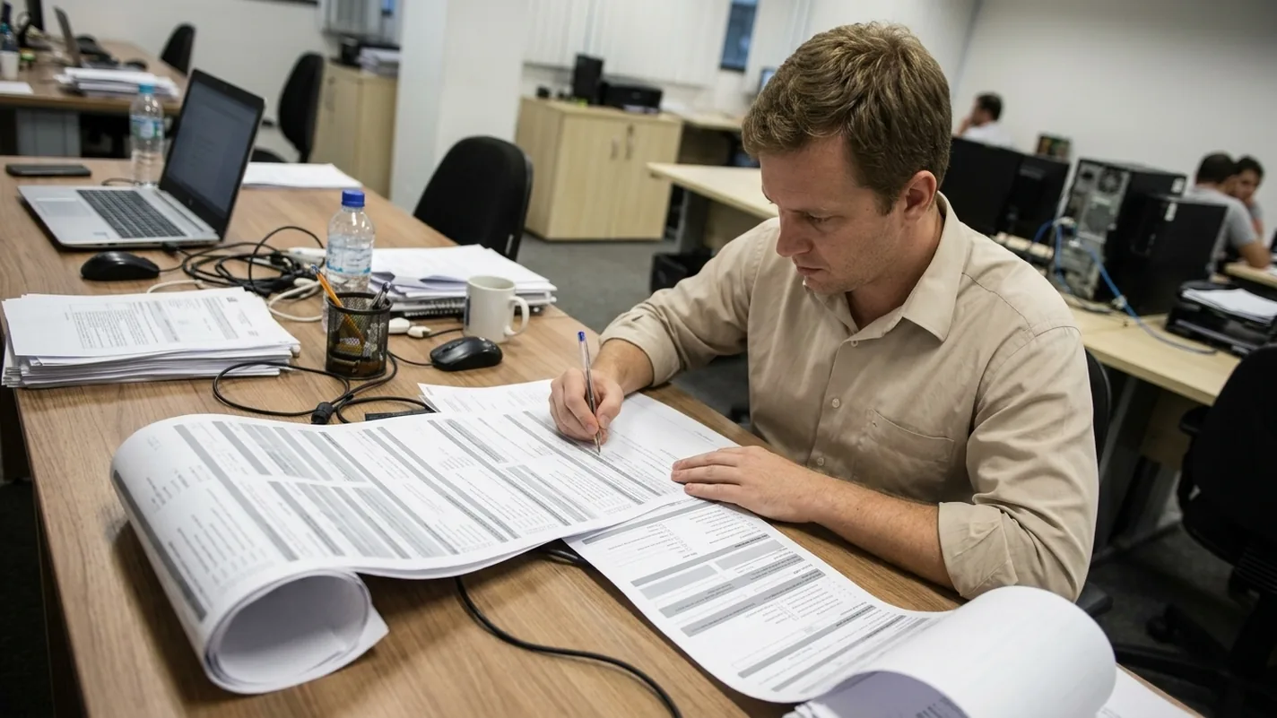 Homem sentado à mesa de um escritório pequeno, escrevendo com caneta sobre um formulário impresso comprido que se dobra sobre a mesa, com um notebook aberto ao lado.