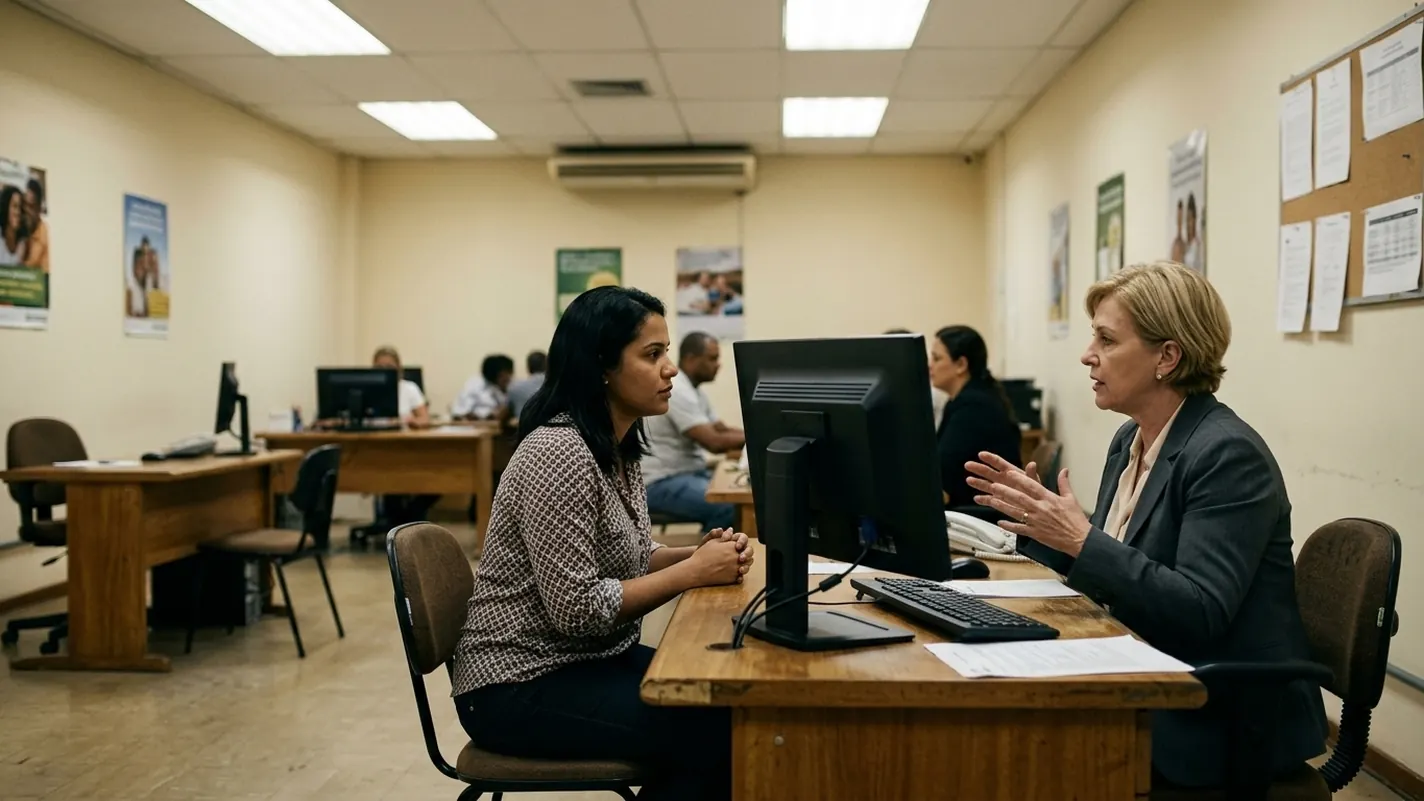 Atendente de uma agência conversando com uma cliente sentada do outro lado da mesa, explicando algo com as mãos, em um salão com outras mesas de atendimento.