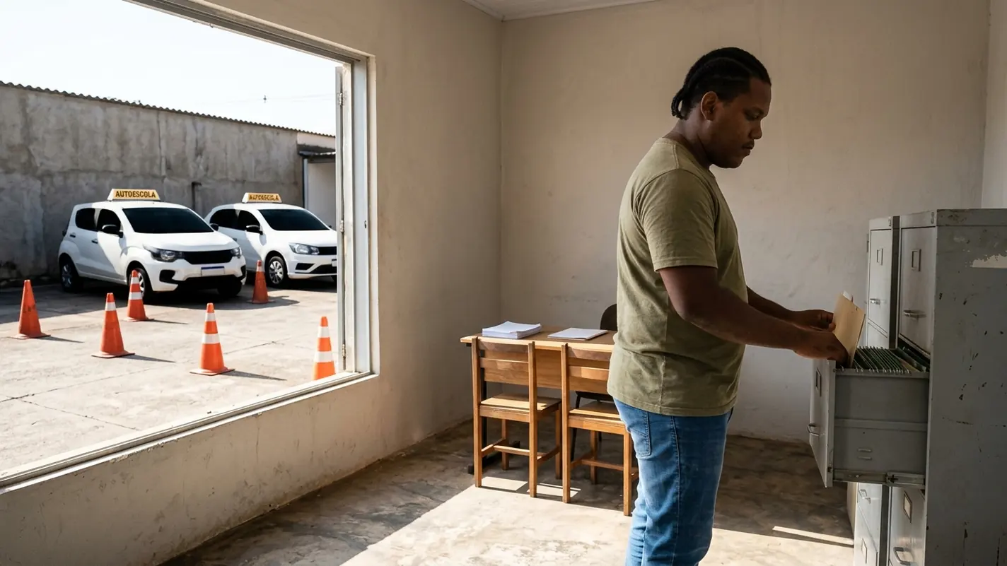 Dono de autoescola guarda uma pasta de matrícula na gaveta do arquivo de aço da salinha, com o pátio, os carros de instrução e os cones visíveis pela janela.