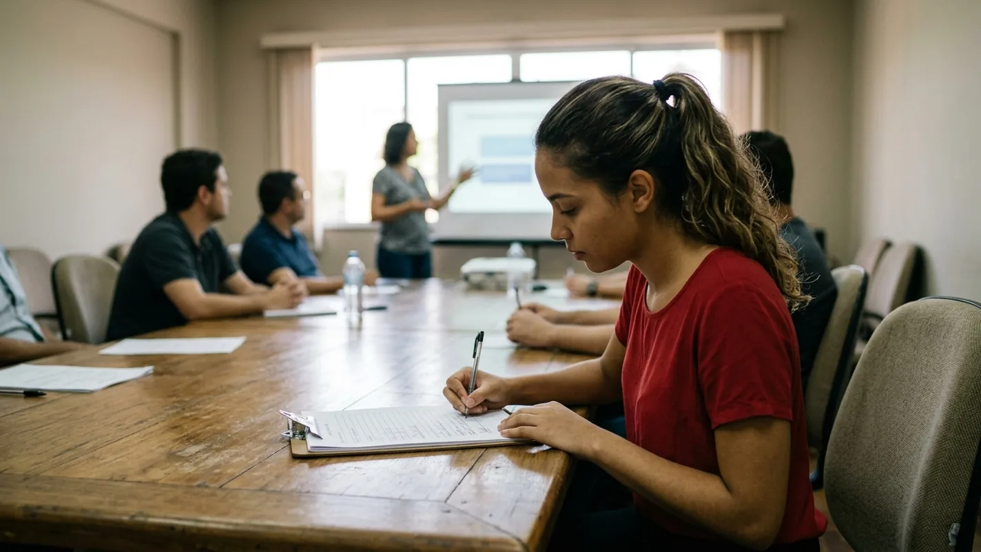 Jovem de blusa vermelha assina uma folha de presença em uma prancheta, sentada à mesa de uma sala de reunião, enquanto uma colega apresenta em pé diante da tela ao fundo e outras pessoas acompanham.