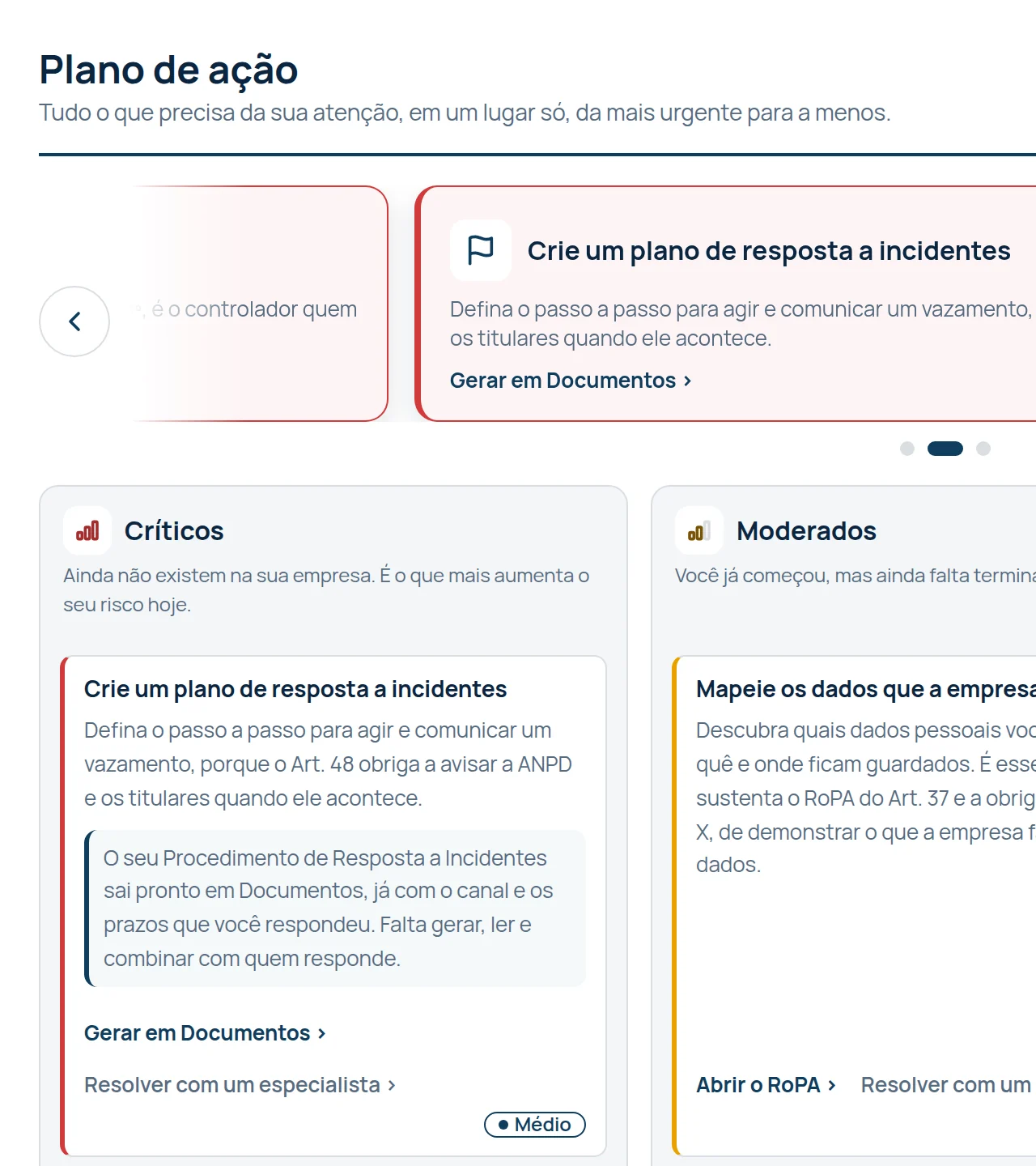 O plano de ação: o próximo passo em destaque e a coluna dos pontos críticos, do mais urgente para o menos.