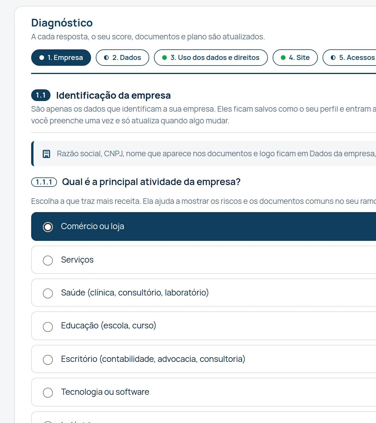 O diagnóstico no computador: os blocos de perguntas e a pergunta sobre a principal atividade da empresa.