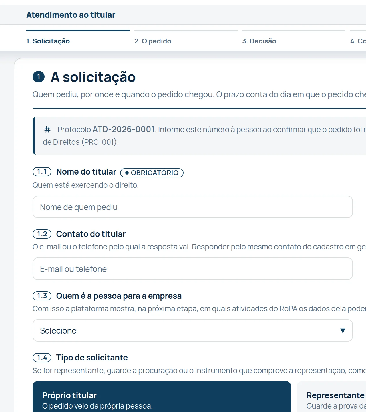 O assistente de atendimento ao titular: as etapas do atendimento e os primeiros campos da solicitação.
